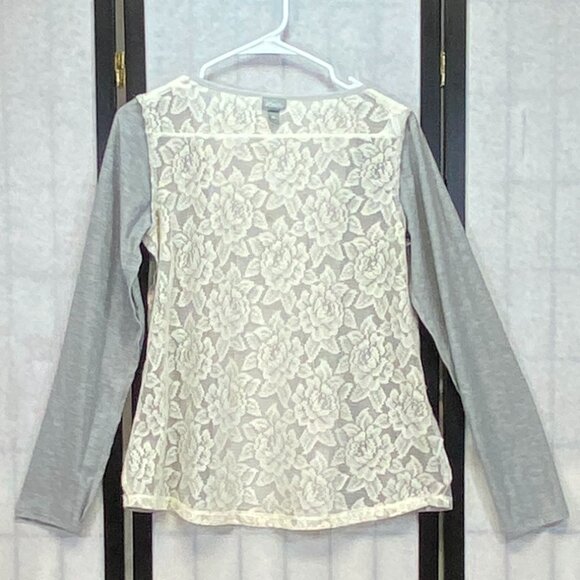 Vanity Scoop Neck Pleat Front Panel Lace Back Long Sleeve Knit Top Grey Ivory M - Picture 6 of 12